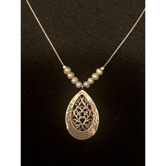 PAZ Sterling Silver & Freshwater Pearl Hammered & Scrolling Necklace in Israel - Picture 2 of 12